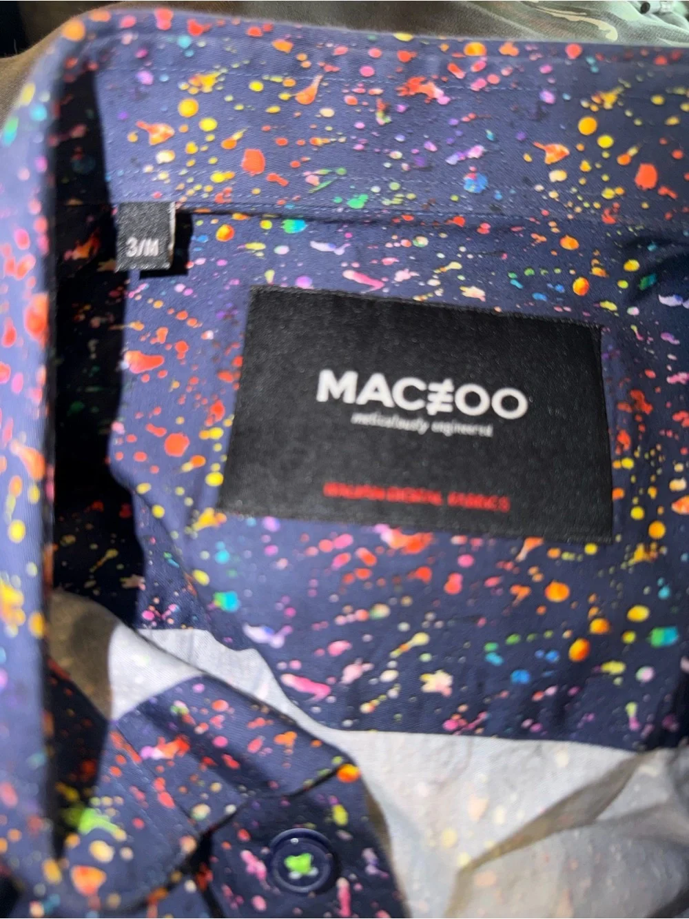 MACEOO men’s Navy Splatter-Print Button-Up Shirt, size 3/M!